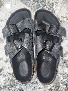 Women's Birkenstock Arizona Metallic Black Double-Buckle Slide Sandals